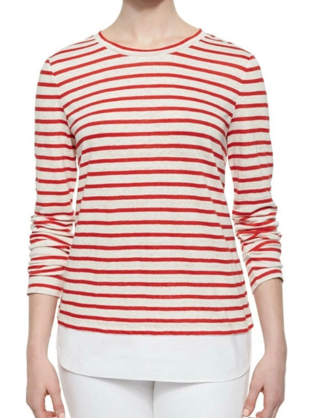Tory Burch Res Striped Linen Jersey Long Sleeved Crew Neck Pullover, size Large